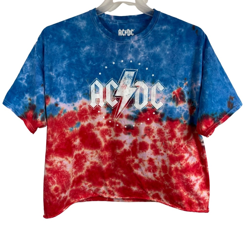 AC/DC Cropped Tie Dye Crew Neck Tee 3X (49”) Red White Blue Orange